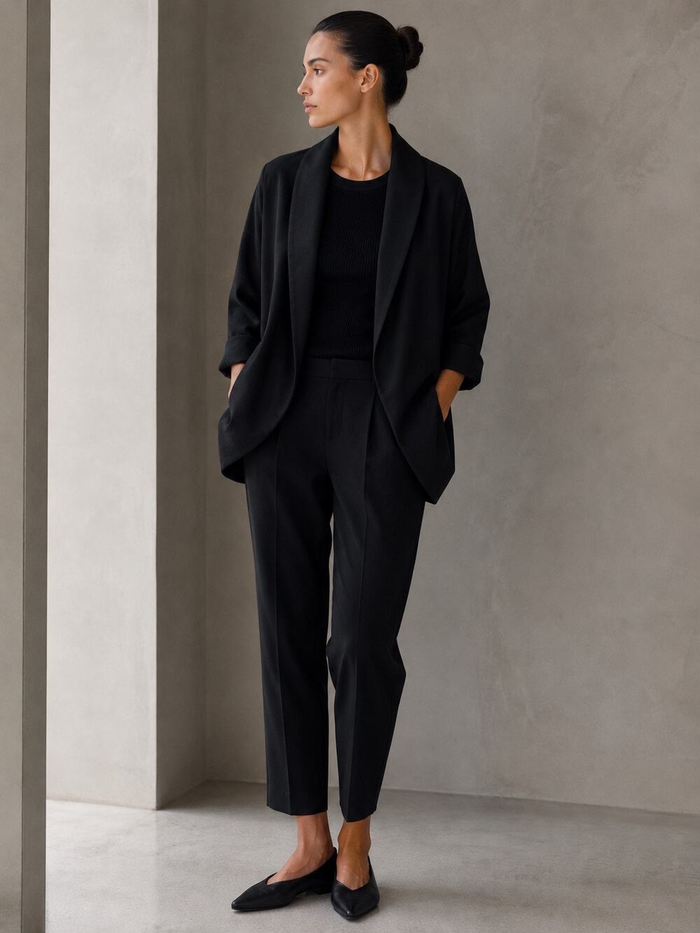 Aritzia Wilfred Cocoon Blazer Black Shawl Satin Collar Open Front Minimalist S